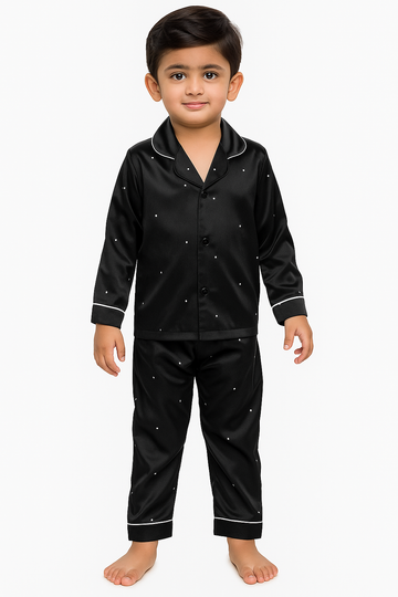 Premium black and white tiny dots printed shamoz silk pajama set for boys BPSS-09, soft lightweight nightwear, stylish sleepwear with comfortable fit, perfect for bedtime or lounging.