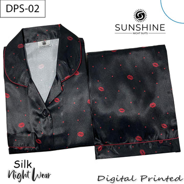Black Red Lips Digital Printed Silk Nightdress for Women DPS-02