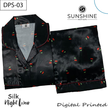 Black Red Cherry Digital Printed Silk Nightdress for Women DPS-03