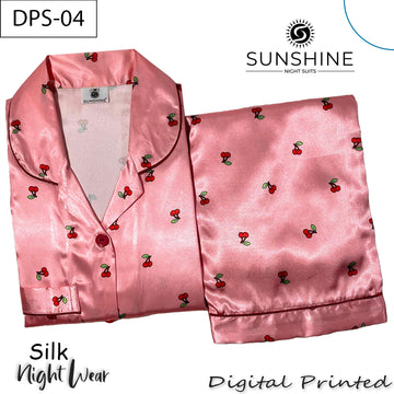 Blush Pink Cherry Digital Printed Silk Nightdress for Women DPS-04