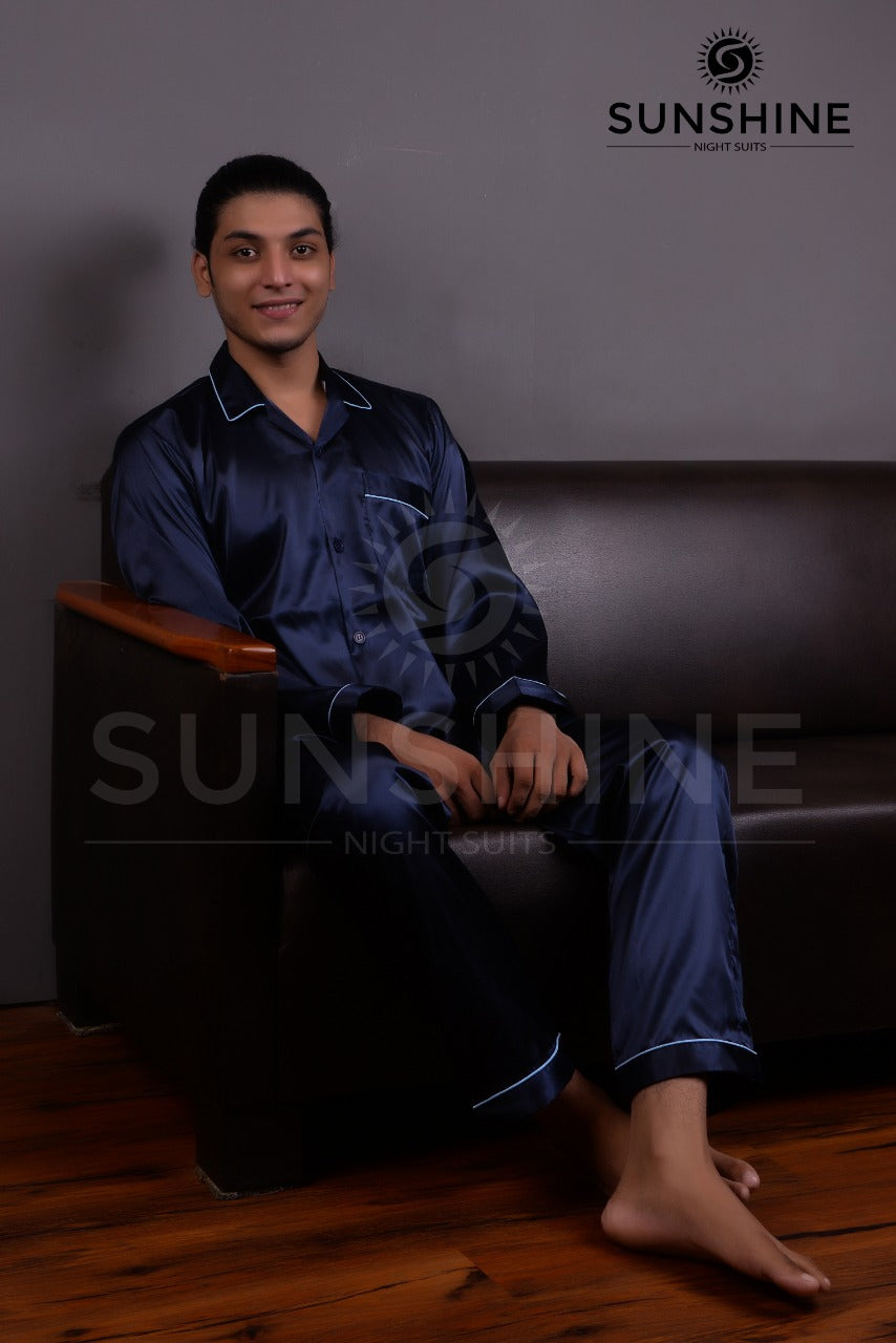 Navy Blue Silk Nightdress For Men