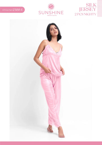 Pink Silk Jersey Cami Pajama Set 2300-E with lace neckline for ultimate comfort and style.