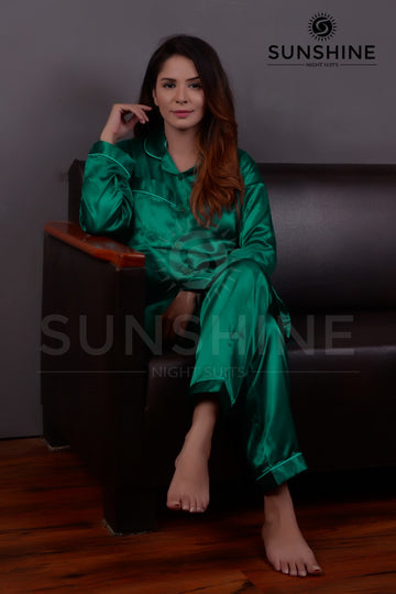 Purchase Sea Green Silk Pajamas for Women Online at MaaRss. Explore our collection of premium black silk pajamas tailored for women. This set includes a stylish button-down long-sleeve top and relaxed-fit pants. Elevate your sleepwear with these luxurious
