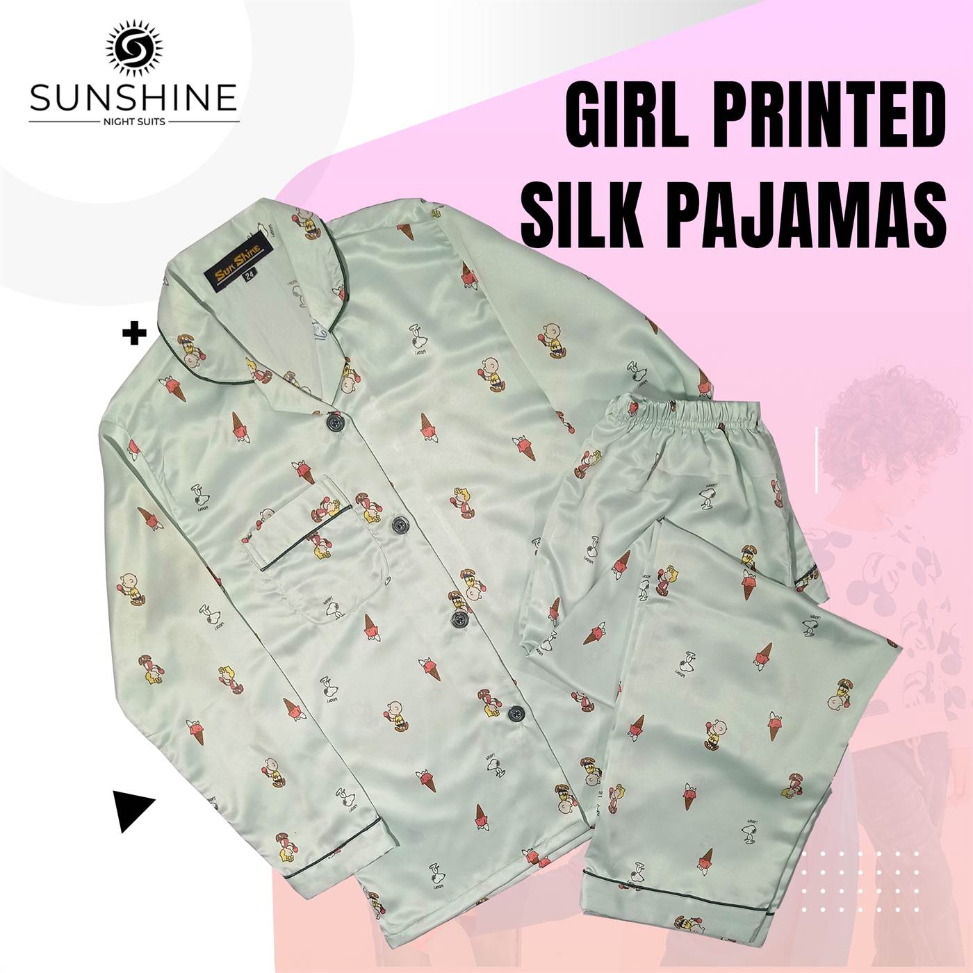 Printed Silk Pajamas Set For Girls | Light Green