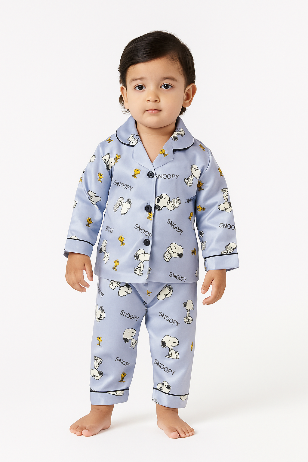 Premium blue Snoopy printed shamoz silk pajama set for boys BPS-01, soft breathable nightwear with cute cartoon design, perfect for bedtime comfort and playful style.