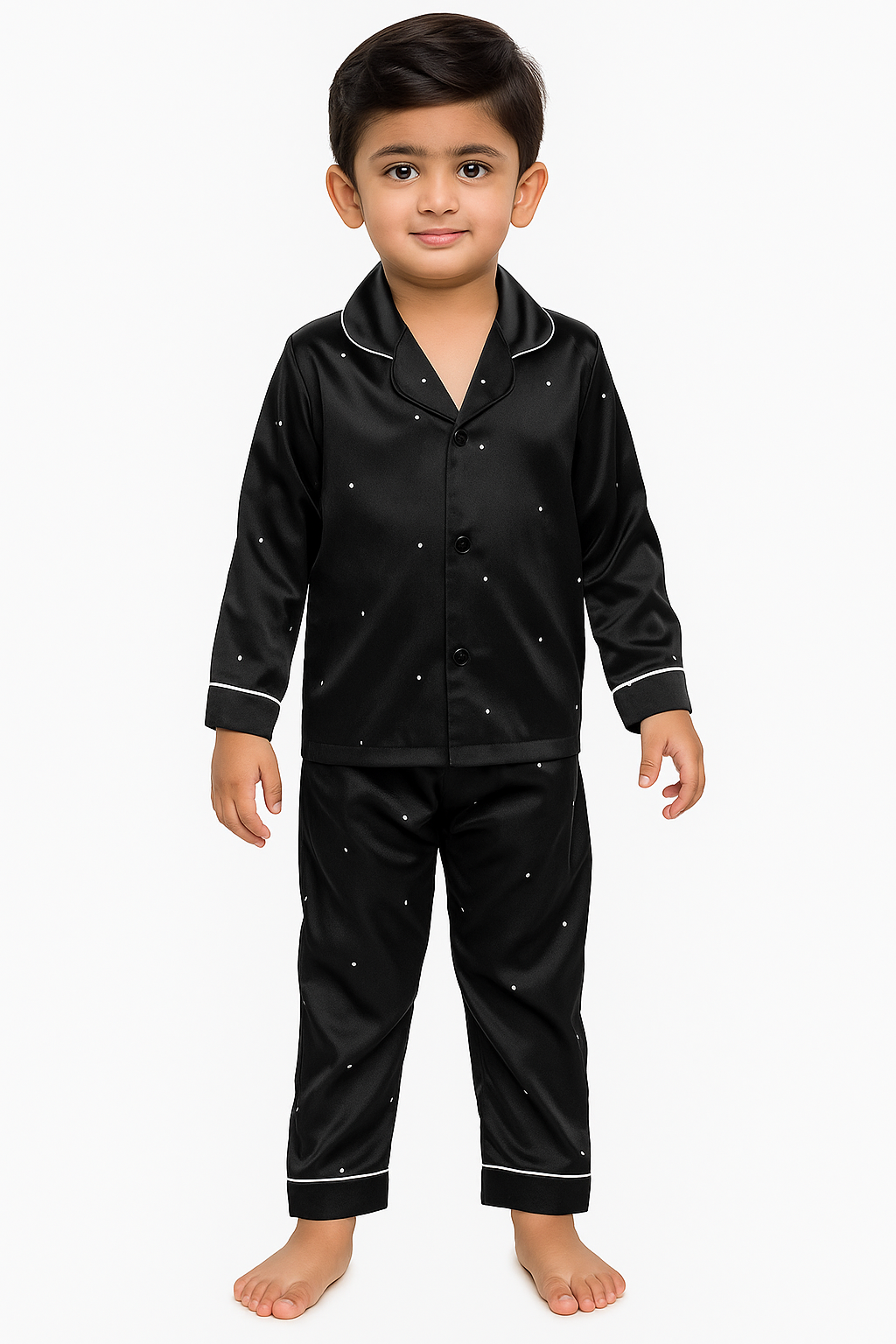 Premium black and white tiny dots printed shamoz silk pajama set for boys BPSS-09, soft lightweight nightwear, stylish sleepwear with comfortable fit, perfect for bedtime or lounging.