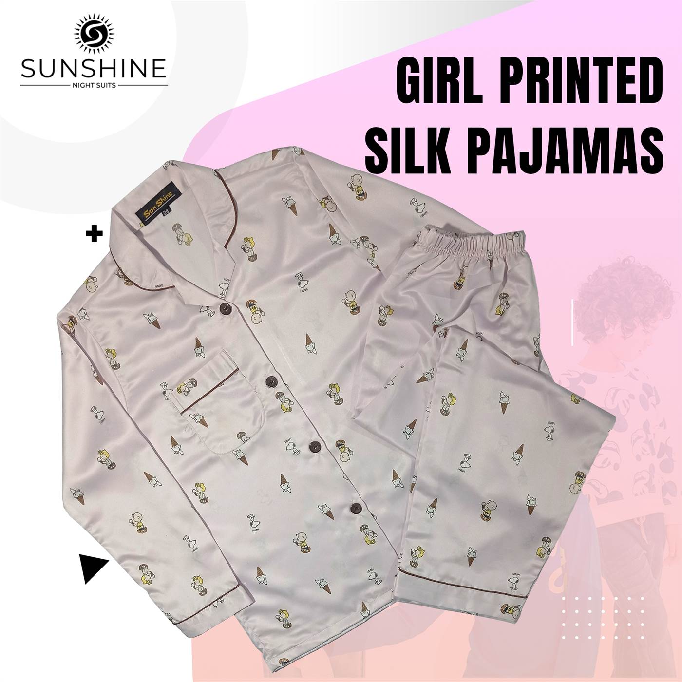 Printed Silk Pajamas Set For Girls | Light Purple