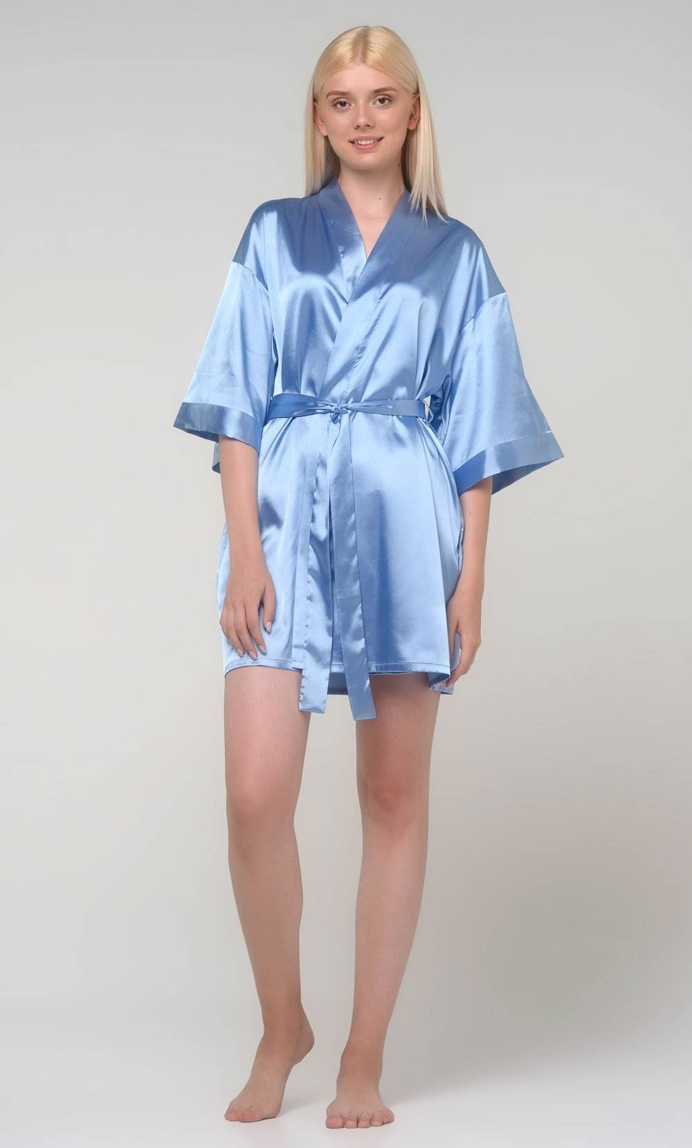 Sky Blue Silk Satin Kimono Short Robe