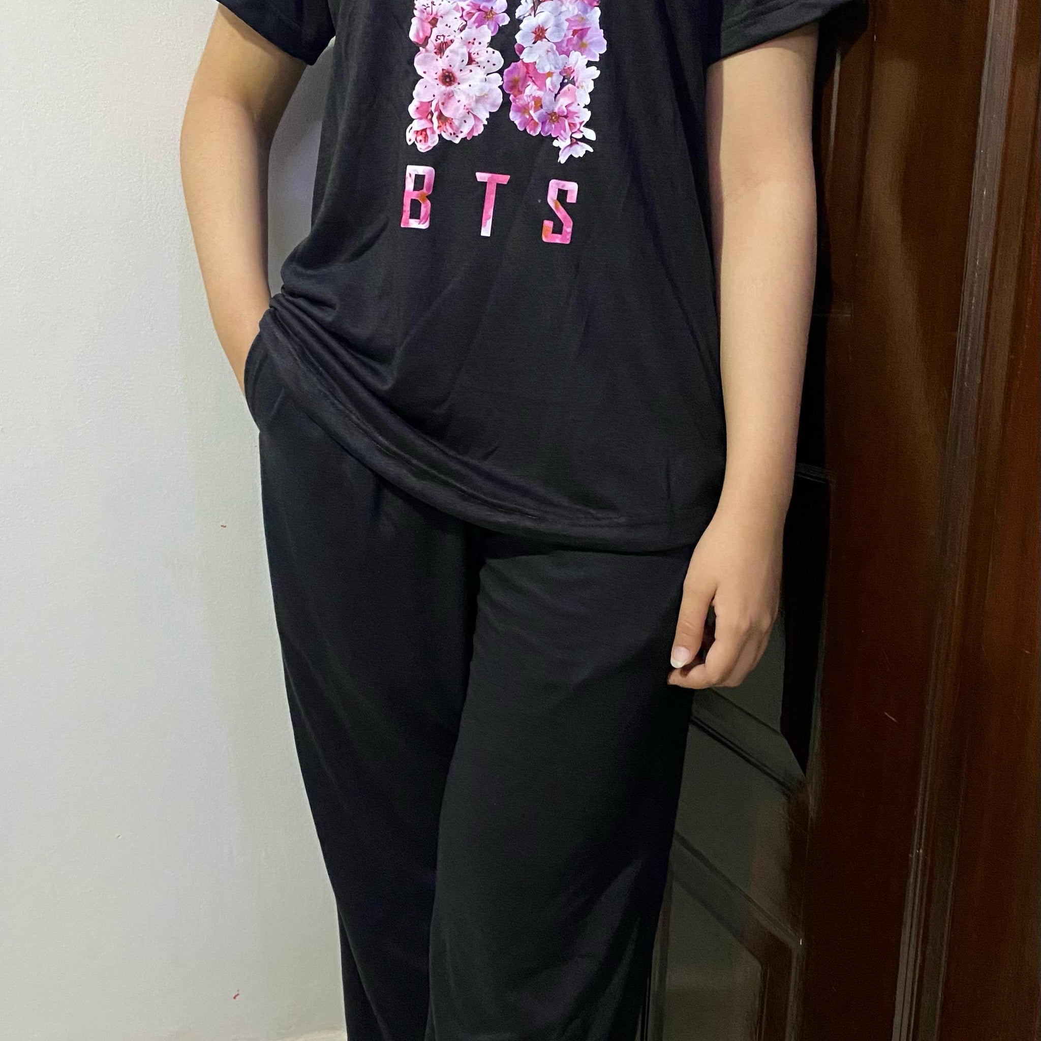 Black BTS Print T-Shirt Pajama Set For Ladies PJ-06