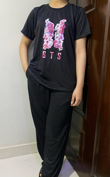 Black BTS Print T-Shirt Pajama Set For Ladies PJ-06