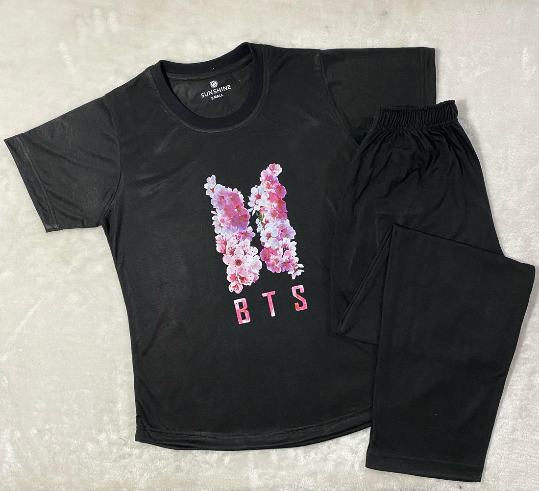 Black BTS Print T-Shirt Pajama Set For Ladies PJ-06