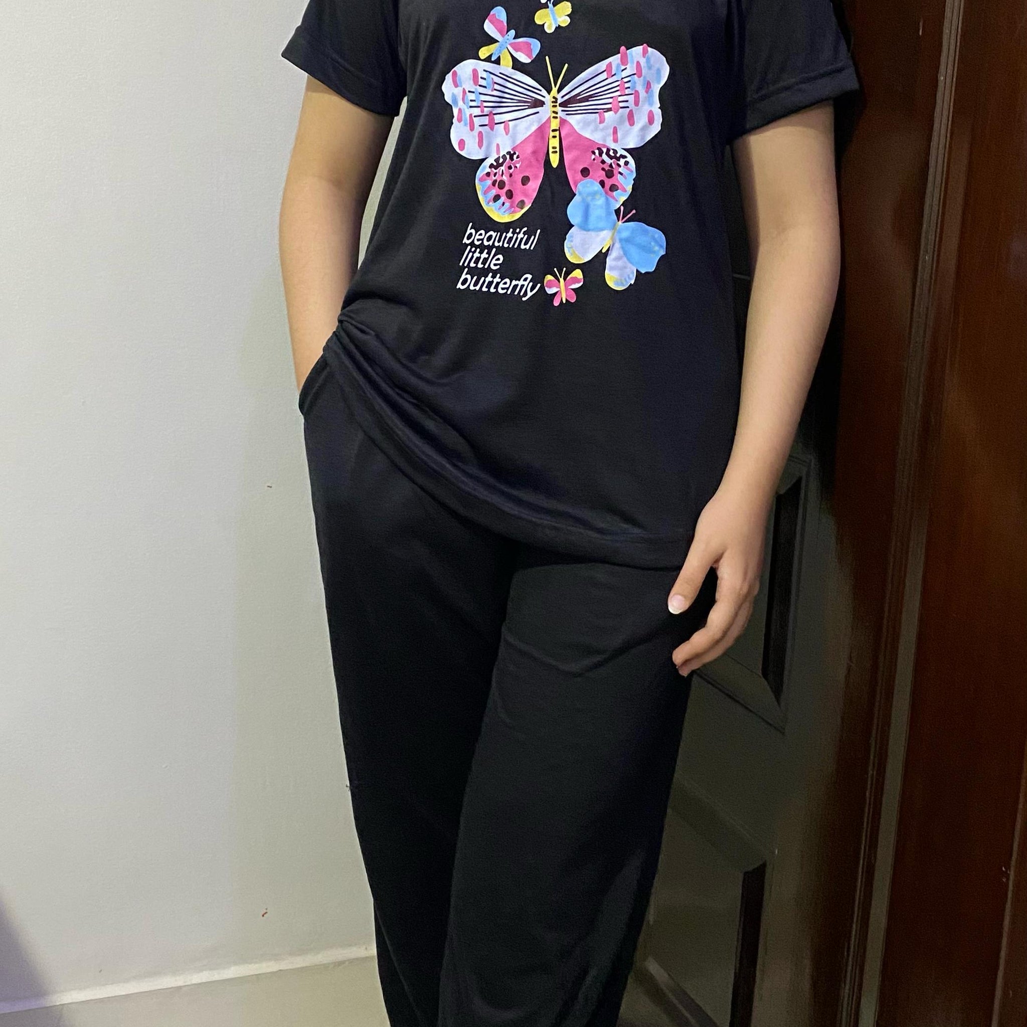 Black Butterfly Print T-Shirt Pajama Set For Ladies PJ-04