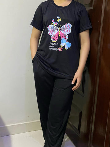 Black Butterfly Print T-Shirt Pajama Set For Ladies PJ-04