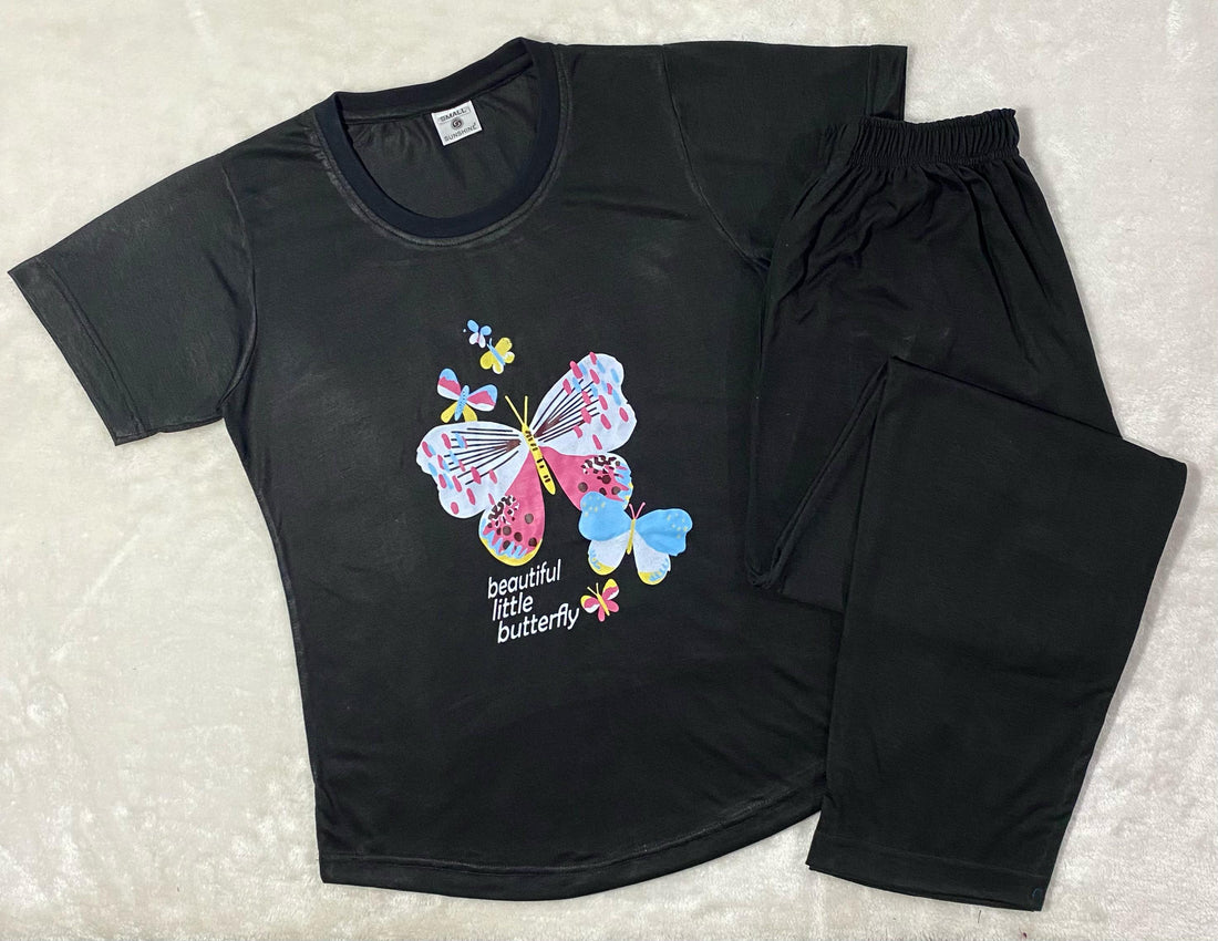 Black Butterfly Print T-Shirt Pajama Set For Ladies PJ-04