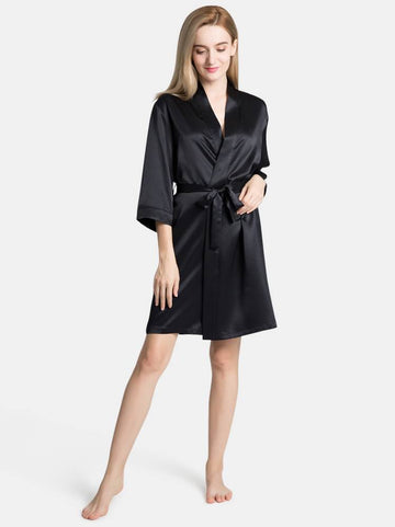 Black Silk Satin Kimono Short Robe