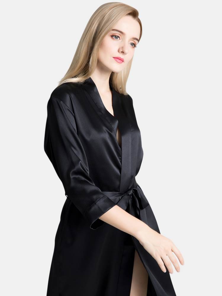 Black Silk Satin Kimono Short Robe