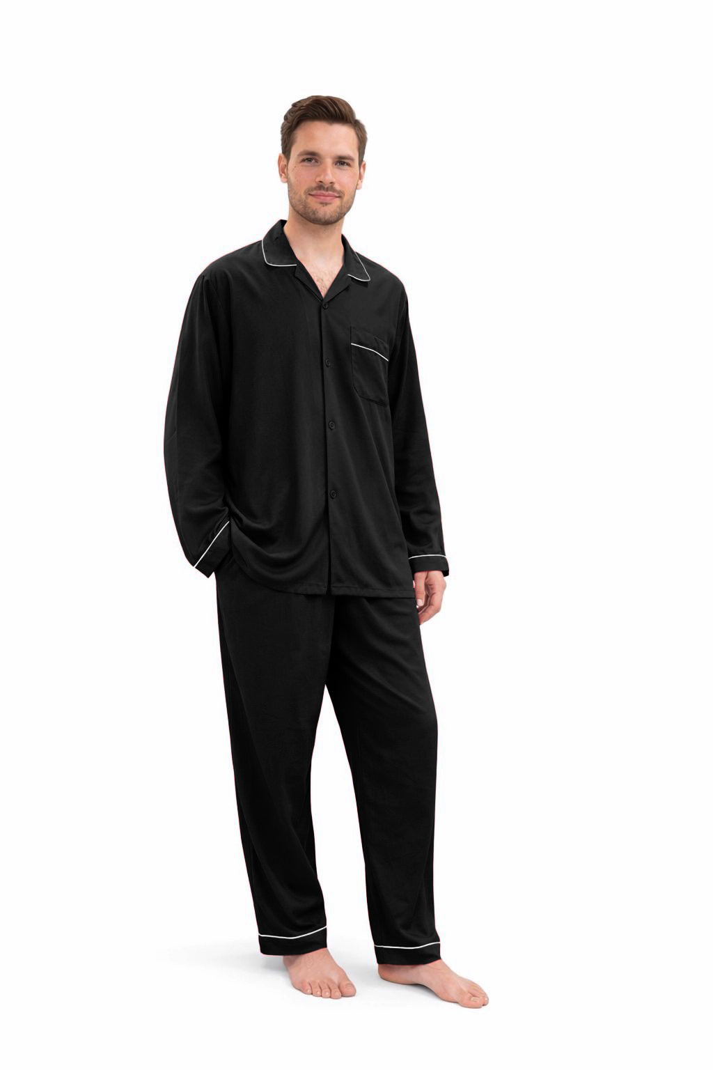 Black plain linen night suit for men with relaxed fit and breathable fabric