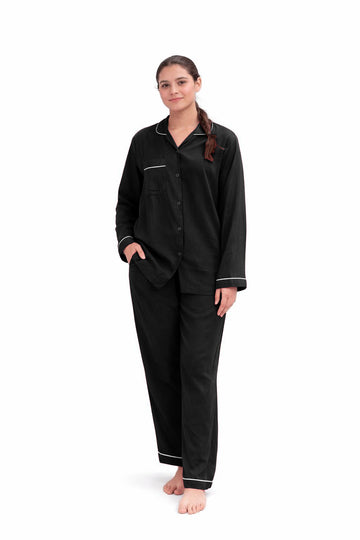 Black plain linen night suit for women with button-down shirt and relaxed fit pajama set