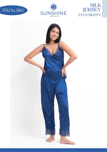 Blue Silk Jersey Cami Pajama Set 2300-C with lace neckline for ultimate comfort and style.