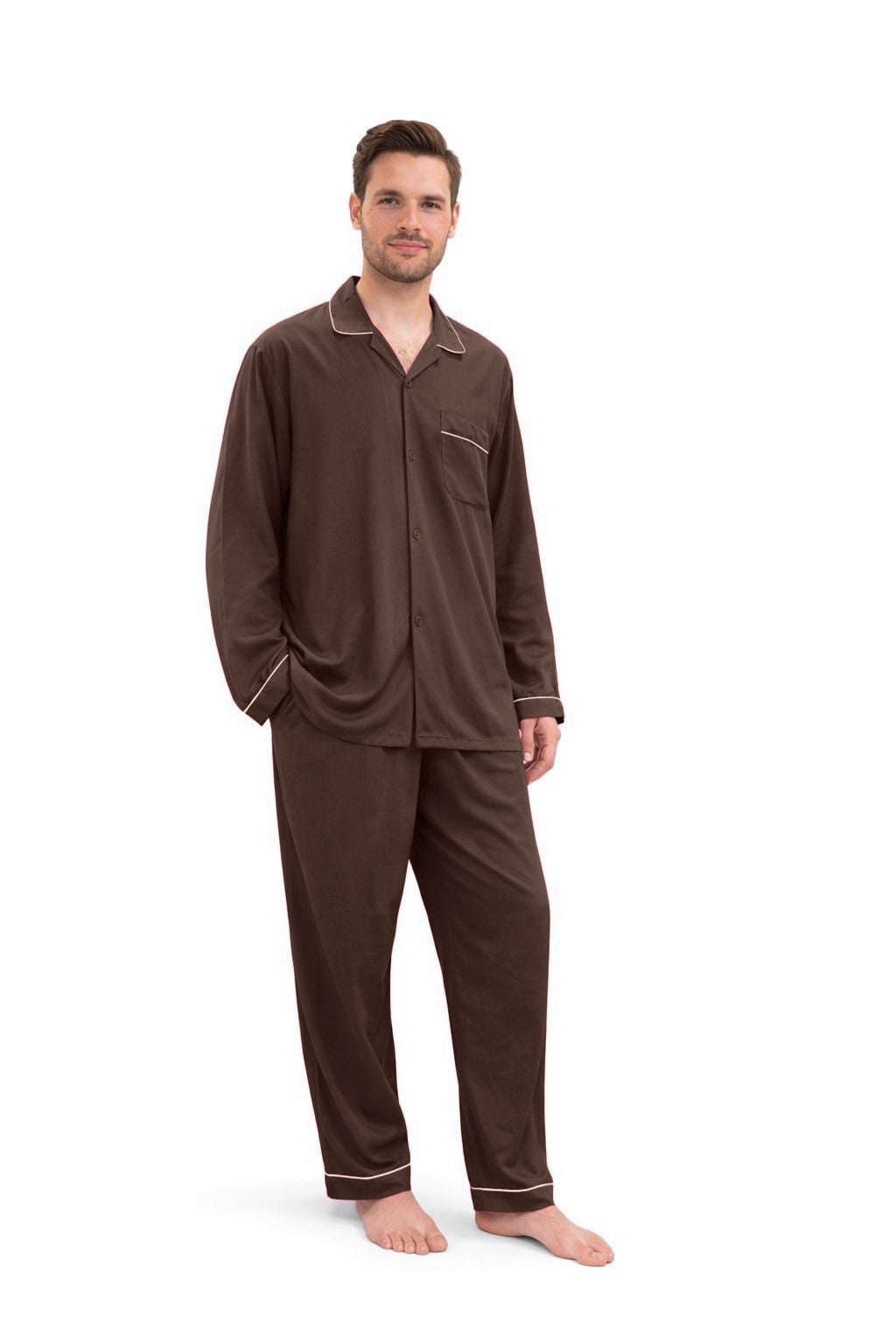 Brown plain linen night suit for men with long sleeves and contrast piping, relaxed fit sleepwear set
