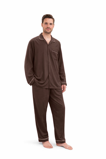 Brown plain linen night suit for men with long sleeves and contrast piping, relaxed fit sleepwear set