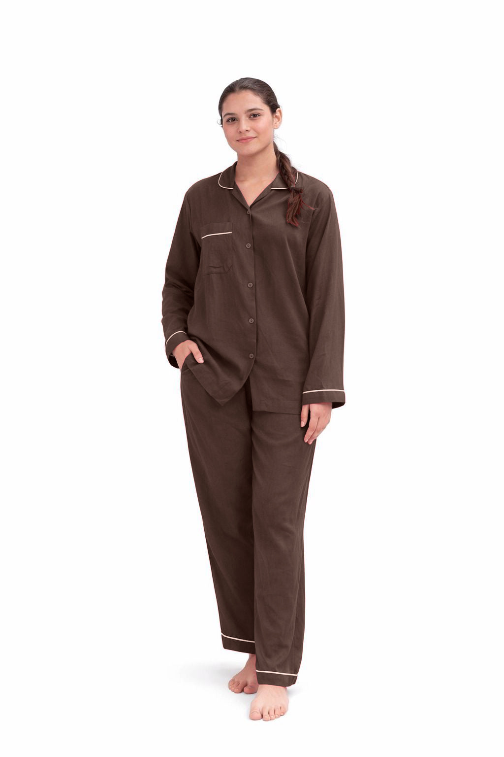 Brown plain linen night suit for women with button-down shirt and relaxed fit pajama set