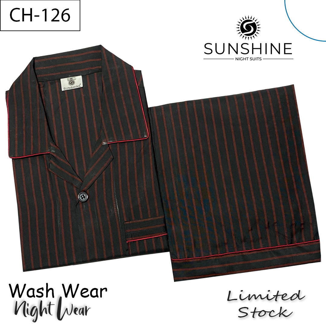 Wash and wear men’s nightwear set in black with red stripes