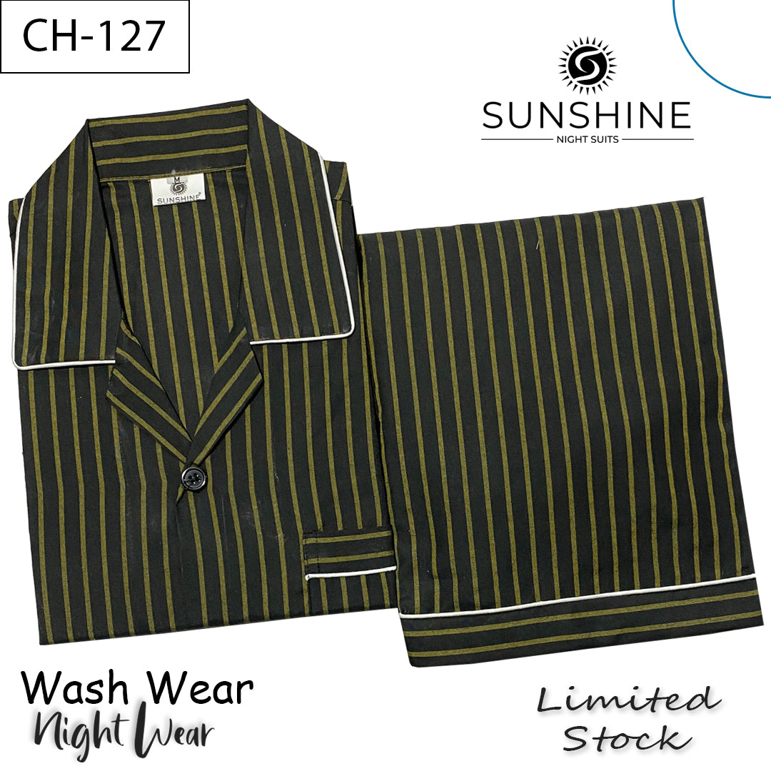 Men’s black and yellow striped night suit with long-sleeve shirt and pajama – CH-127