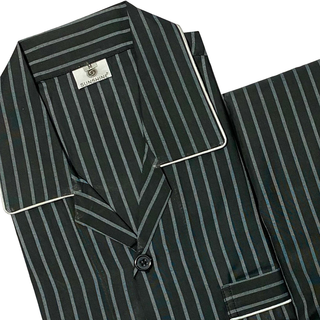 Men’s black and grey striped night suit with long-sleeve shirt and pajama – CH-128