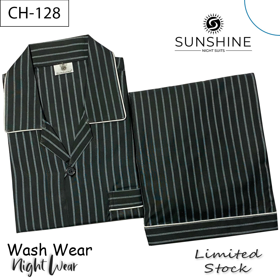 Men’s black and grey striped night suit with long-sleeve shirt and pajama – CH-128