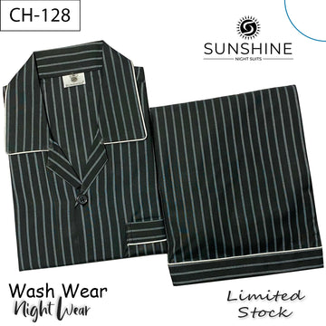 Men’s black and grey striped night suit with long-sleeve shirt and pajama – CH-128