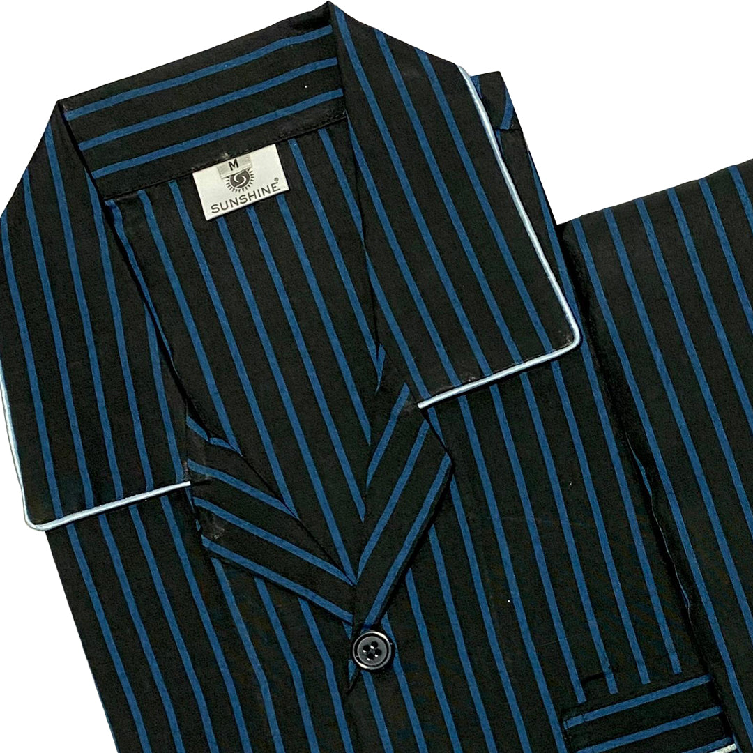 Men’s black and blue striped night suit with long-sleeve shirt and pajama – CH-129