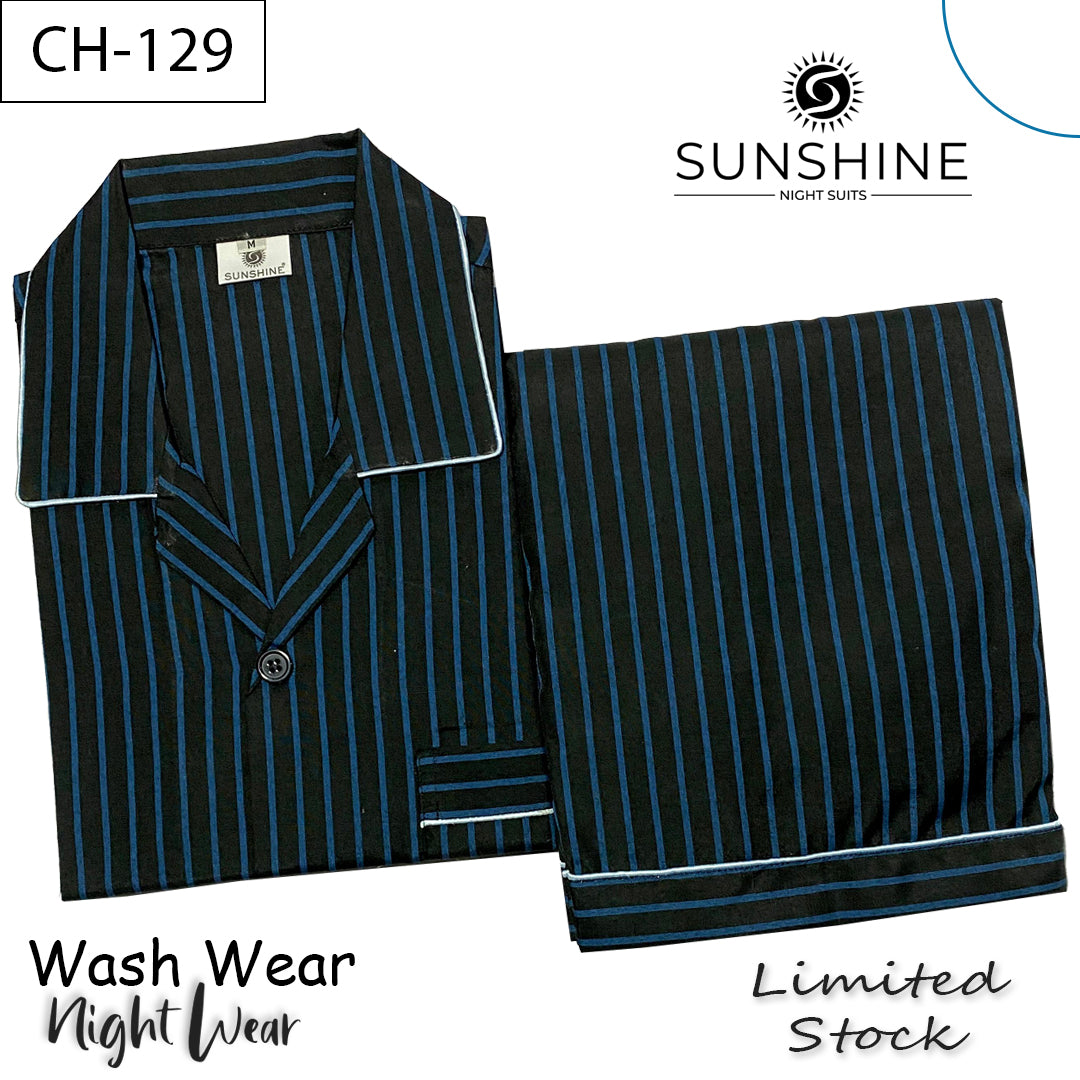 Men’s black and blue striped night suit with long-sleeve shirt and pajama – CH-129