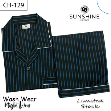 Men’s black and blue striped night suit with long-sleeve shirt and pajama – CH-129