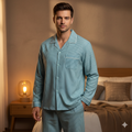 Men’s teal and white striped night suit with long-sleeve shirt and pajama – CH-131
