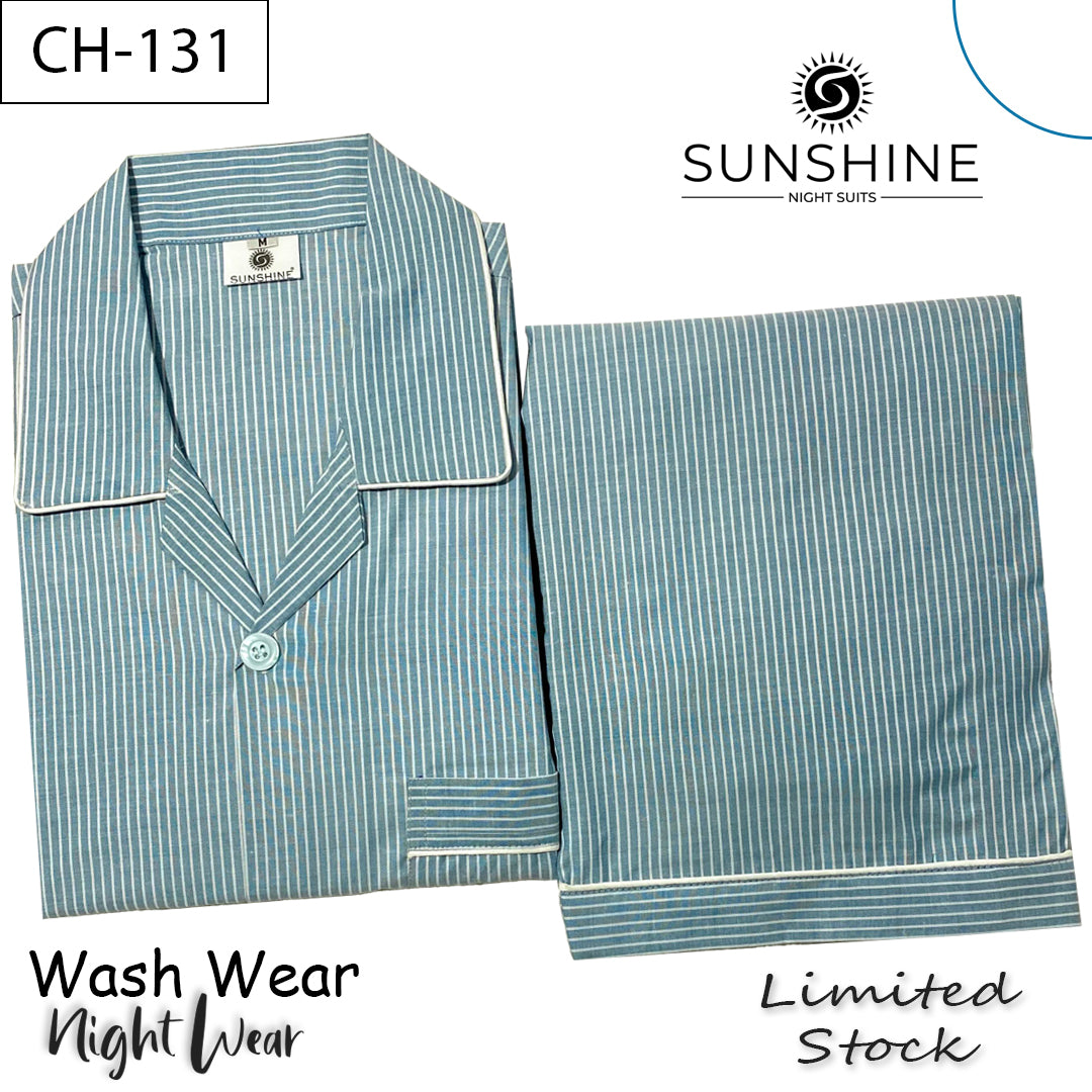 Men’s teal and white striped night suit with long-sleeve shirt and pajama – CH-131