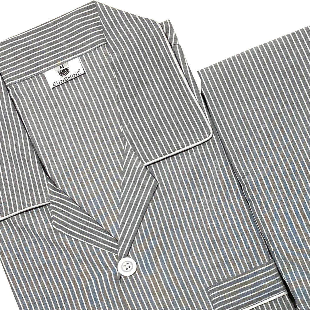 Men’s grey and white striped night suit with long-sleeve shirt and pajama – CH-132