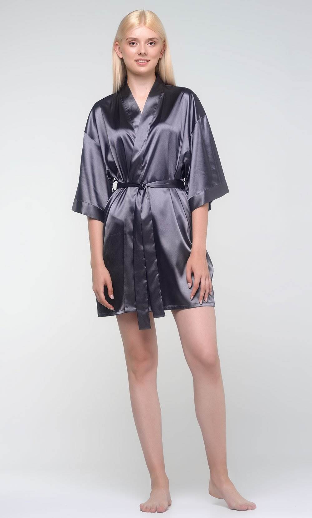 Charcoal Silk Satin Kimono Short Robe