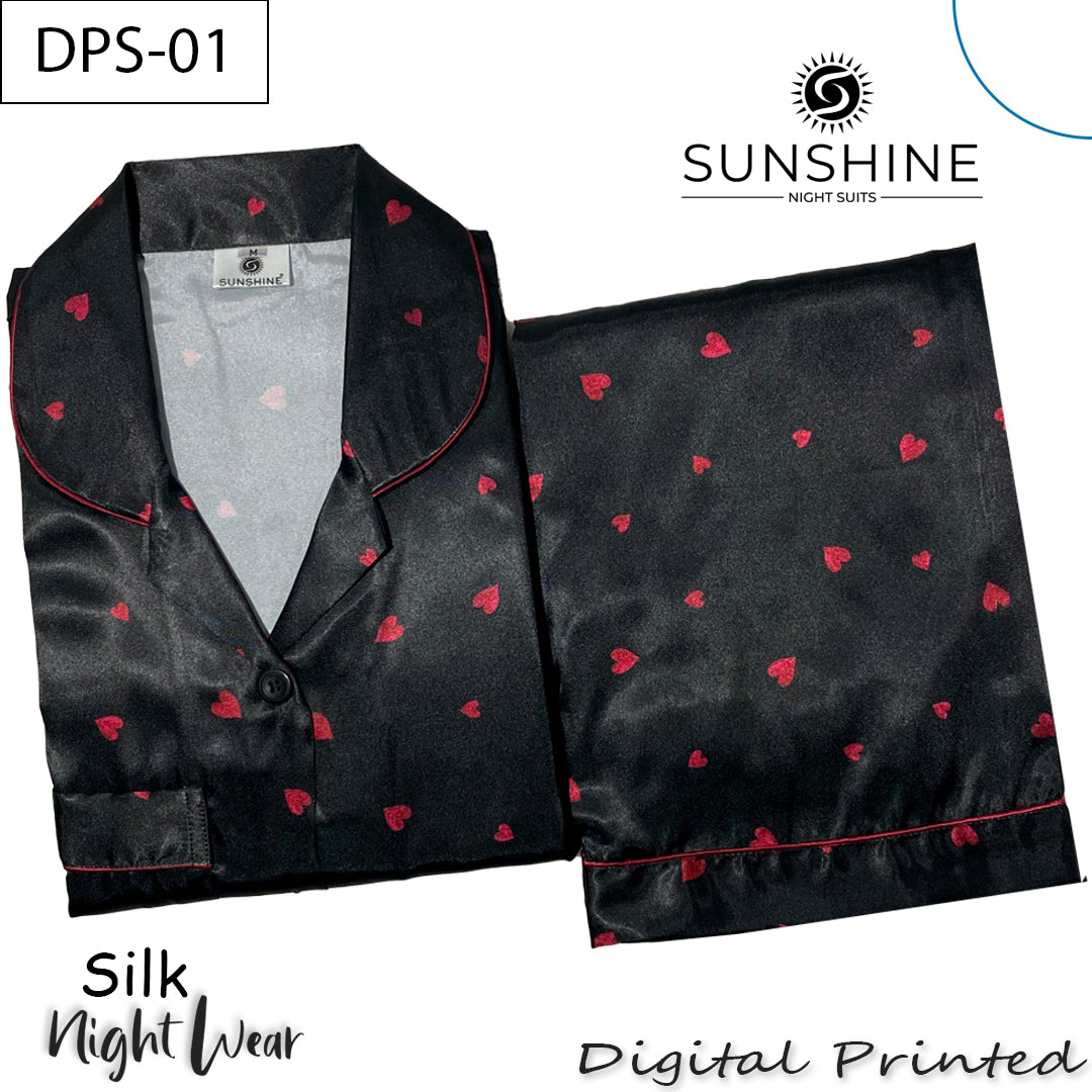 Black Red Hearts Digital Printed Silk Nightdress for Women DPS-01