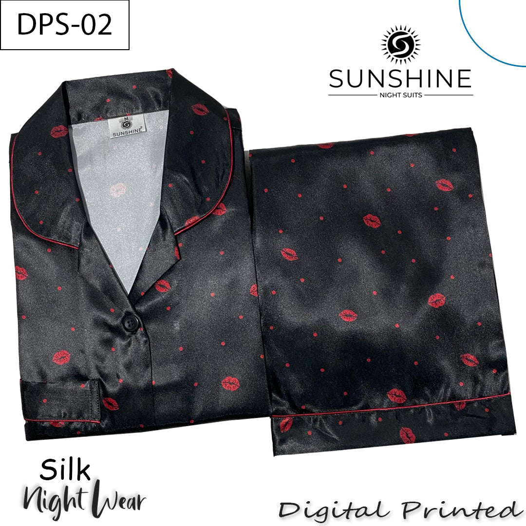 Black Red Lips Digital Printed Silk Nightdress for Women DPS-02