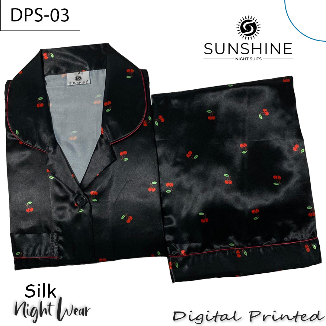 Black Red Cherry Digital Printed Silk Nightdress for Women DPS-03