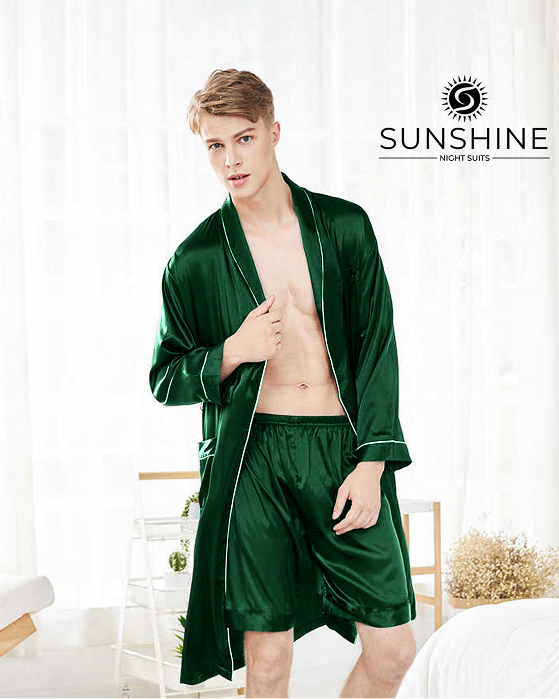 Dark Green silk gown for men with shawl collar and two side pockets