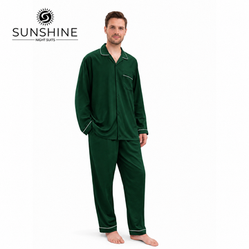 Dark Green Plain Linen Night Suit For Men