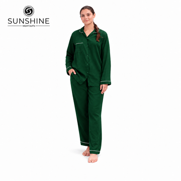 Dark Green Plain Linen Night Suit For Women