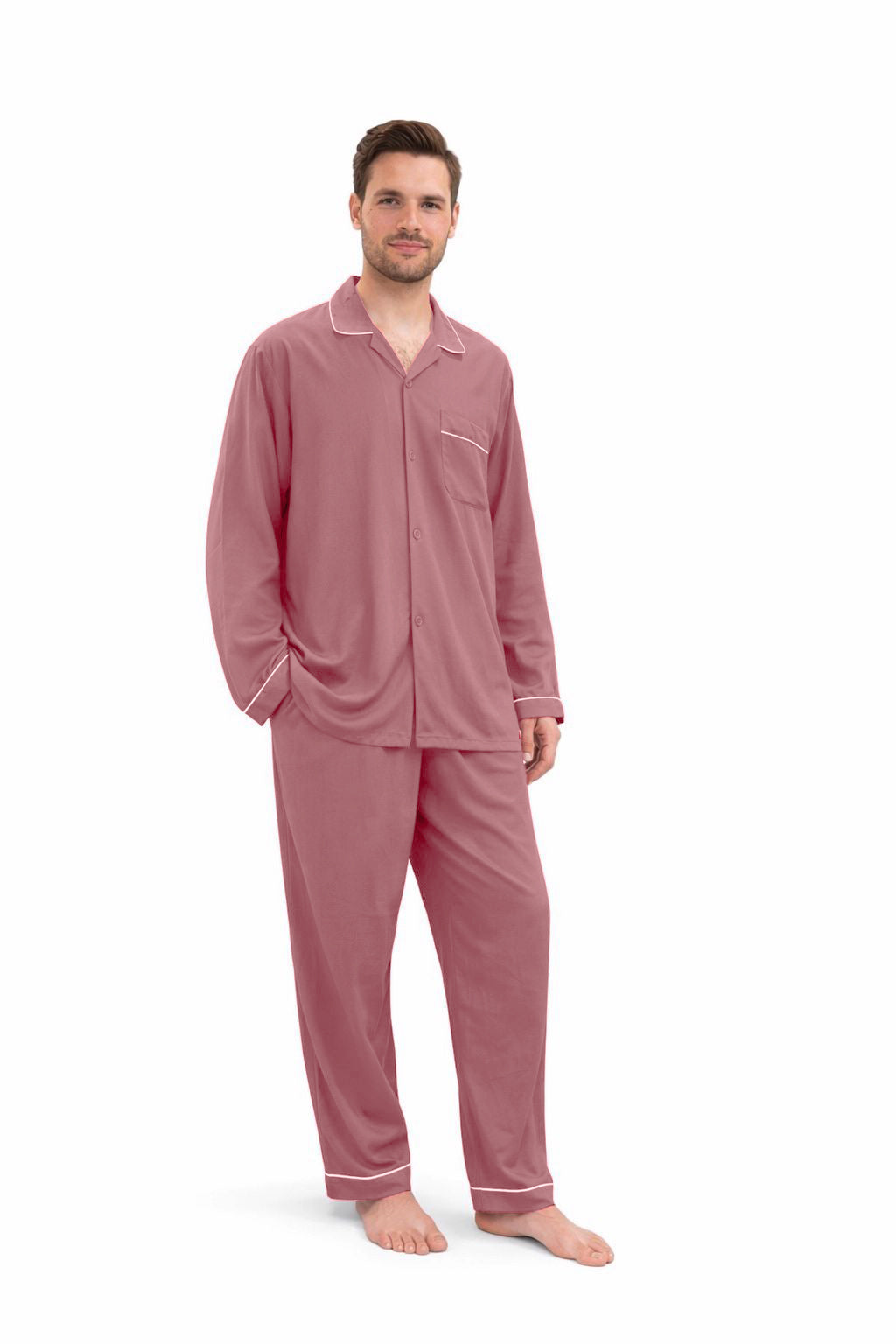 Dusty Rose plain linen night suit for men with long sleeves and contrast piping, relaxed fit sleepwear set