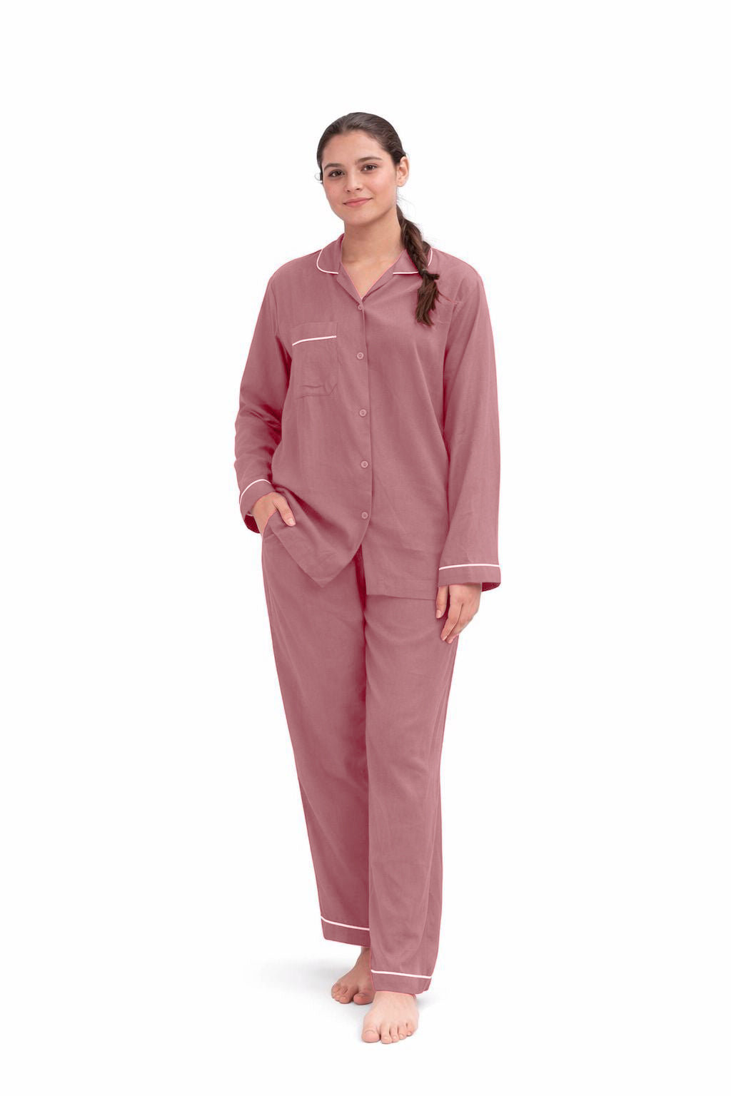Dusty Rose plain linen night suit for women with button-down shirt and relaxed fit pajama set