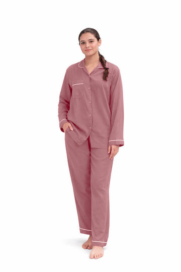 Dusty Rose plain linen night suit for women with button-down shirt and relaxed fit pajama set
