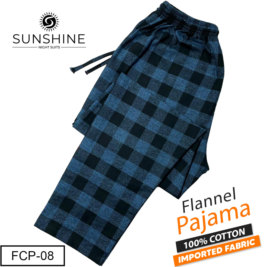 A pair of men’s midnight blue and black check flannel pajamas made from soft 100% cotton winter fabric. The pajama features an elastic waistband with drawstring for a comfortable fit, perfect for cozy winter nights.