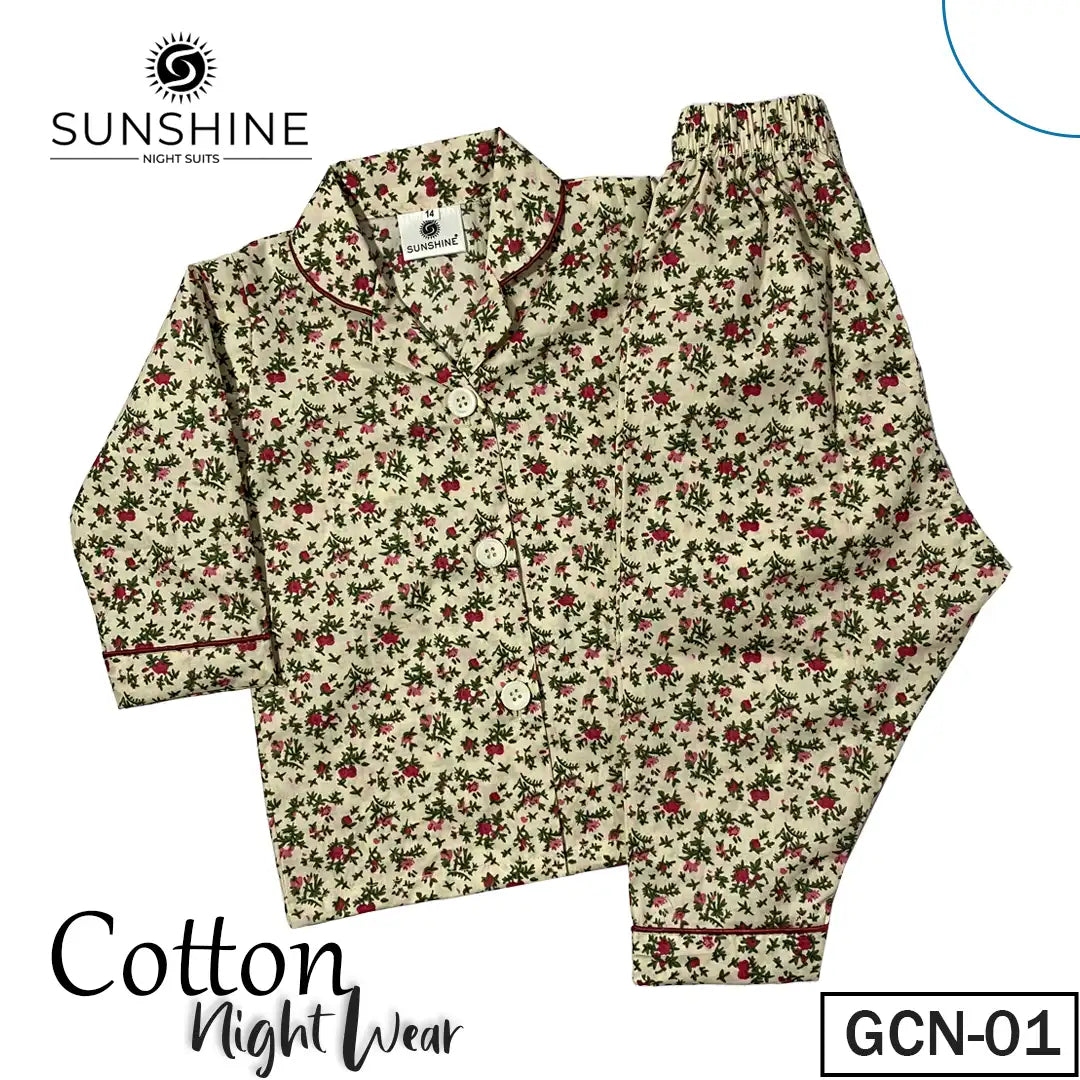 Cream Floral Printed Cotton Pajamas Set for Girls – GCN-01, made from premium 100% cotton, providing ultimate comfort and style for cozy nights.