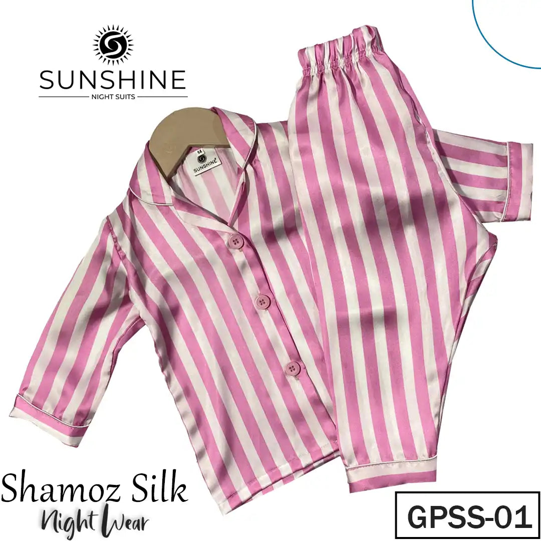 Pink Striped Printed Shamoz Silk Pajamas Set for Girls (GPSS-01) with premium silk, available in sizes for toddlers to pre-teens.